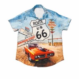 Route 66 Retro Car Button Up Shirt Mens Medium Vacation Rockabilly